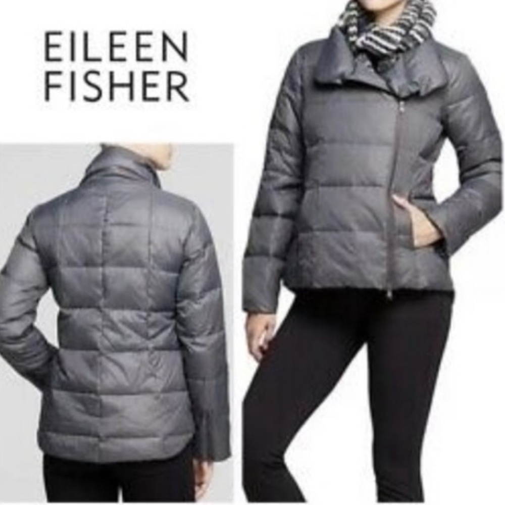 Eileen‎ Fisher Quilted Down Puffer
Jacket Coat Womens  Asymmetrical Zipper.SZ SP